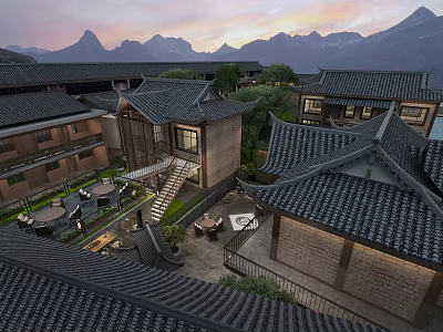 Traditional Chinese Homestay Architecture with Black Tile Roofs Mountain View and Outdoor Courtyard Seating 3d model