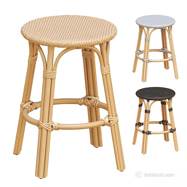 Rattan Stool With Crossed Weave Design Natural Black White Seat Colors 3d model 