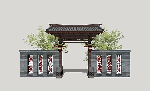 Yi people's courtyard gate, residential gate, courtyard gate wall 3d model