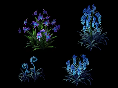 Vibrant Purple and Blue Flowering Plants Featuring Spiral Leaves and Clustered Blooms 3d model