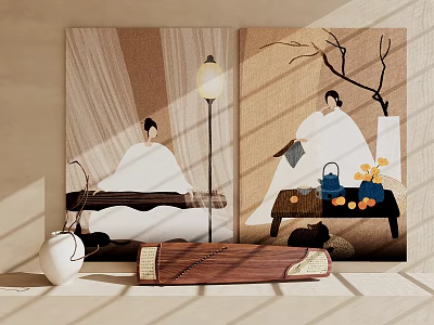 Two Traditional Chinese Figure Paintings With Lamp And Decor 3d model