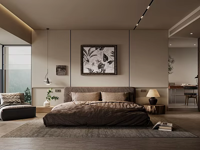 Modern Bedroom Interior With Brown Bedspread Pillows Mountain View And Framed Artwork 3d model