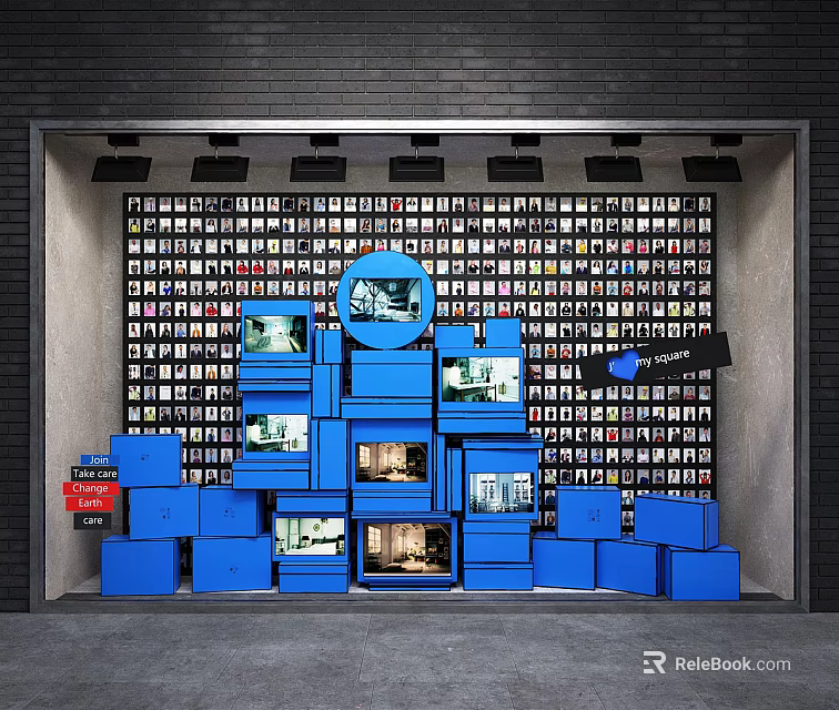 Contemporary Window Display With Stacked Blue Cubes Featuring Small Screens And Black Brick Wall 3d model