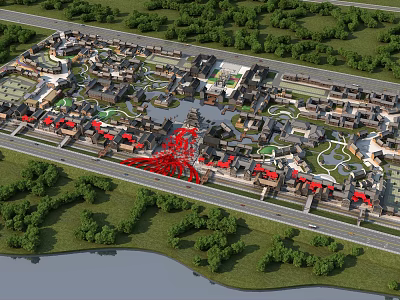 Aerial Planning of Historic Town with Rivers Green Spaces and Red Bridge Structures 3d model