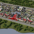 Aerial Planning of Historic Town with Rivers Green Spaces and Red Bridge Structures