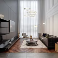 Modern Living Room Interior With Dining Table Chairs Pendant Lights And Piano