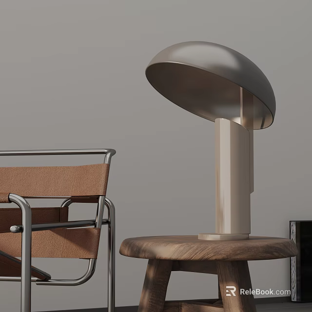 Modern Table Lamp With Mushroom Shade On Wooden Side Table Next To Leather Chair 3d model 