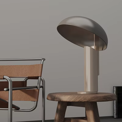 Modern Table Lamp With Mushroom Shade On Wooden Side Table Next To Leather Chair 3d model