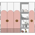 Modern Pink and White Wardrobe with Curved Doors Circular Metal Accents Open Shelves and Decorative Figurines
