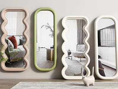 Wall Mounted Mirrors in Various Shapes and Colors Reflecting Interior Scenes 3d model