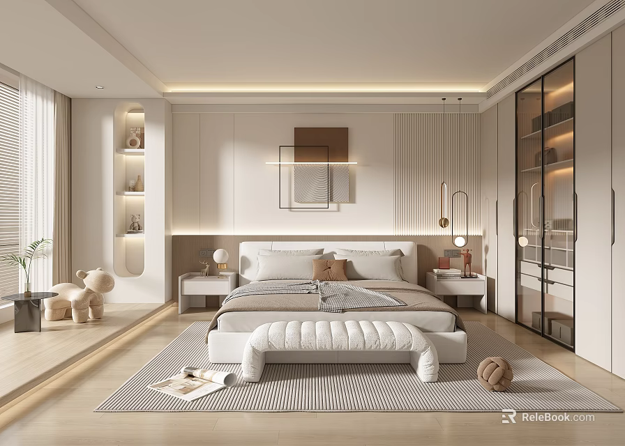 Modern Light Toned Bedroom Interior With Large Bed Decorative Paintings Storage Cabinets And Floor Lamp 3d model 