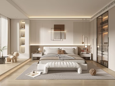 Modern Light Toned Bedroom Interior With Large Bed Decorative Paintings Storage Cabinets And Floor Lamp 3d model