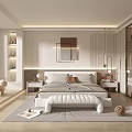 Modern Light Toned Bedroom Interior With Large Bed Decorative Paintings Storage Cabinets And Floor Lamp