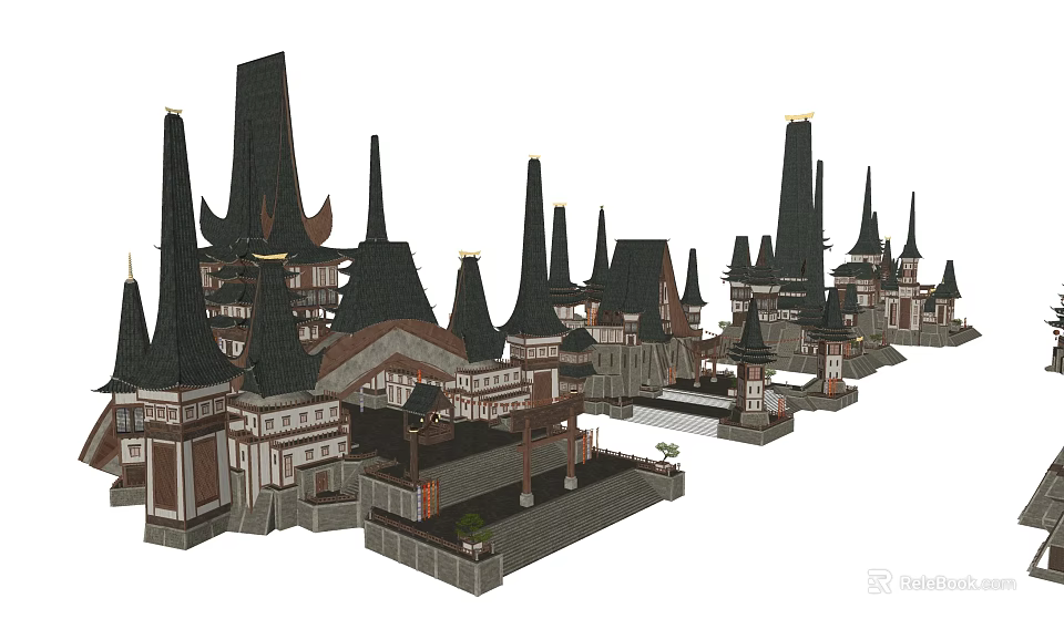 Ancient Architecture Complex With Traditional Spires And Intricate Roof Structures 3d model