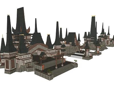 Ancient Architecture Complex With Traditional Spires And Intricate Roof Structures 3d model