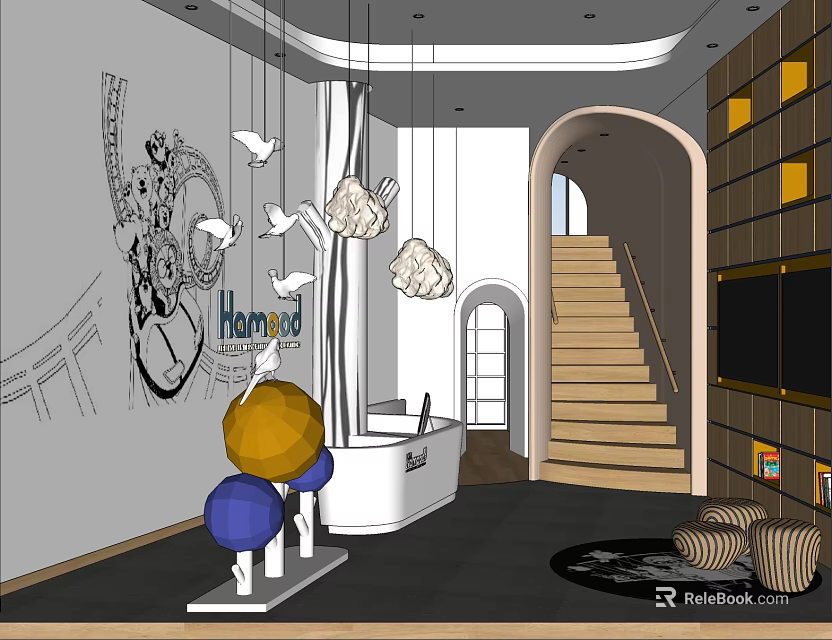 Kindergarten Interior With Reception Area Decorative Wall Hanging Lamps And Colorful Ornaments 3d model 