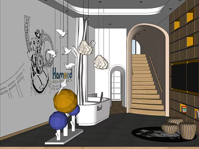 Kindergarten Interior With Reception Area Decorative Wall Hanging Lamps And Colorful Ornaments 3d model