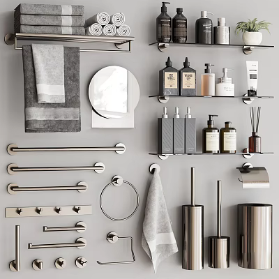 Modern Bathroom Accessories Collection With Towel Racks Mirrors And Dispensers 3d model