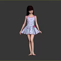 Little Girl In Blue Dress With Pink Strawberry Pattern Pink Bow Barefoot On Gray Background
