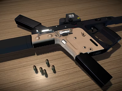 Modern Black And Beige Tactical Firearm On Wooden Tabletop With Bullets 3d model