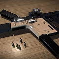 Modern Black And Beige Tactical Firearm On Wooden Tabletop With Bullets