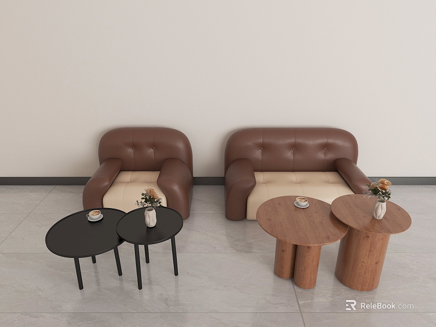 Modern Brown Leather Sofa Combination With Side Tables And Flower Vases In Living Room 3d model 