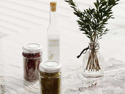 Decorative Ornament Combination Featuring Glass Jars Cork Stopper Bottle And Transparent Vase With Green Plants 3d model