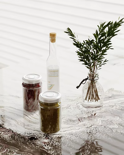 Decorative Ornament Combination Featuring Glass Jars Cork Stopper Bottle And Transparent Vase With Green Plants 3d model