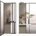 Modern Glass Partition With Metal Frame And Decorative Plants For Living Room Interior
