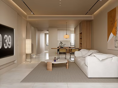 Modern Living And Dining Room Interior With White Sofa Wooden Table Pendant Lights And Rug 3d model