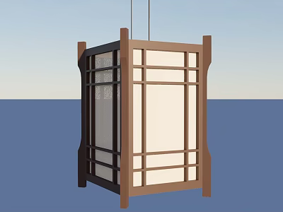 Traditional Square Wooden Frame Hanging Lantern With White Shade In Scenic Blue Background 3d model