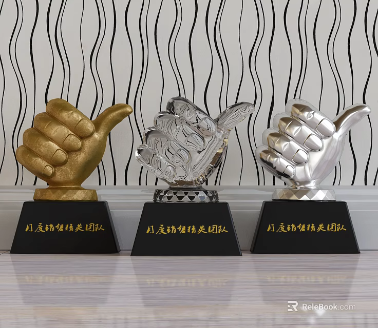 Three Golden Silver and Crystal Trophies with Black Bases and Engraved Team Recognition Text 3d model 