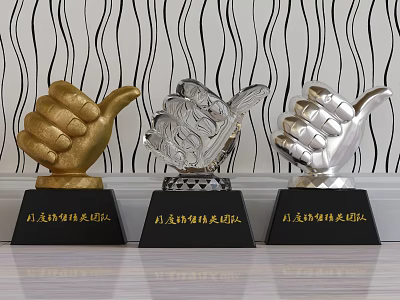 Three Golden Silver and Crystal Trophies with Black Bases and Engraved Team Recognition Text 3d model