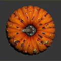 Vibrant Orange Pumpkin With Brown Stem And Yellow Black Spots On Reflective Black Background