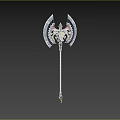 Decorative Double Bladed Battle Axe With Metallic Blades Gold Red Accents And Ornate Black Handle