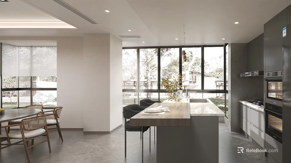 Modern Open Kitchen Interior With Island Counter Large Windows Dining Table And Chairs 3d model 