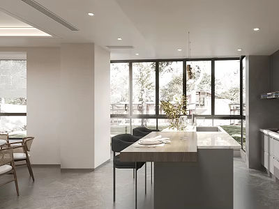 Modern Open Kitchen Interior With Island Counter Large Windows Dining Table And Chairs 3d model