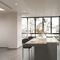 Modern Open Kitchen Interior With Island Counter Large Windows Dining Table And Chairs