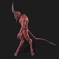 Game And Movie Character Red Demon With Large Horns Muscular Body And Tail