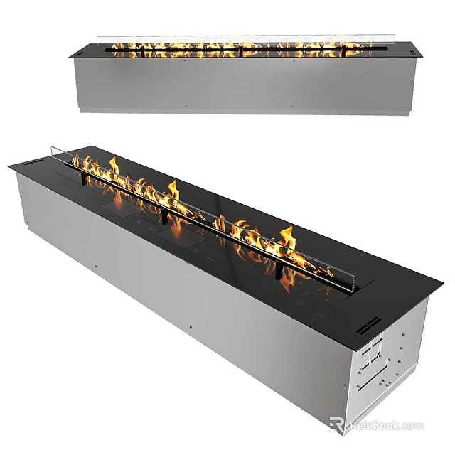 Elegant Modern Linear Fireplace Design With Glass Front And Burning Flames 3d model