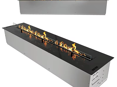 Elegant Modern Linear Fireplace Design With Glass Front And Burning Flames 3d model