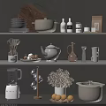 Modern Organized Kitchenware Display With Teapot Dishes Blender Cups And Spice Bottles On Kitchen Shelves