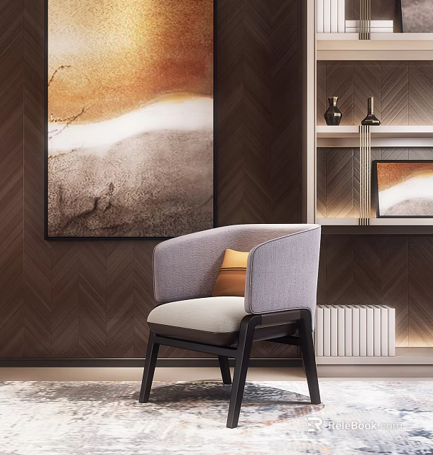 Contemporary Single Sofa Interior Design With Beige Cushion Wooden Wall Artwork And Shelf 3d model 