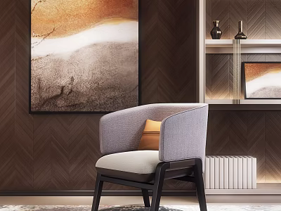 Contemporary Single Sofa Interior Design With Beige Cushion Wooden Wall Artwork And Shelf 3d model