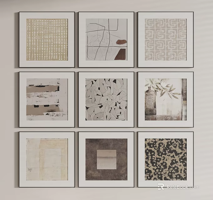 Photo Wall With Nine Grid Abstract Patterns Neutral Tones Geometric Lines And Textures 3d model
