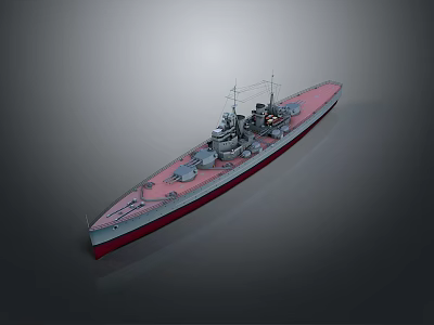 Gray Upper Red Bottom Battleship 3D Model as Water Transportation with Turrets and Mast 3d model
