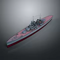 Gray Upper Red Bottom Battleship 3D Model as Water Transportation with Turrets and Mast