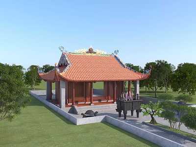 Traditional Ancient Architecture With Red Tiled Roof Ornate Eaves Surrounded By Green Grassland And Trees 3d model