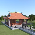 Traditional Ancient Architecture With Red Tiled Roof Ornate Eaves Surrounded By Green Grassland And Trees