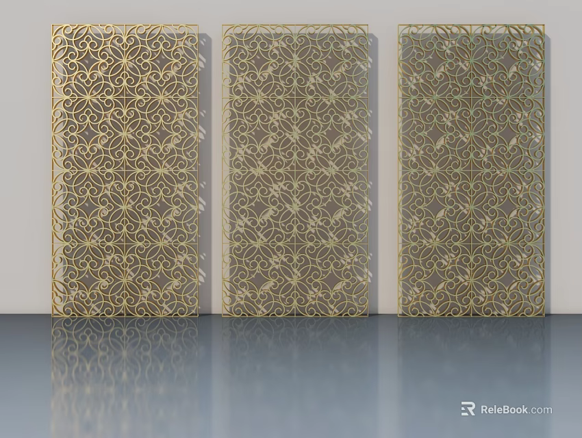Elegant Three Swing Doors With Intricate Golden Decorative Patterns 3d model 